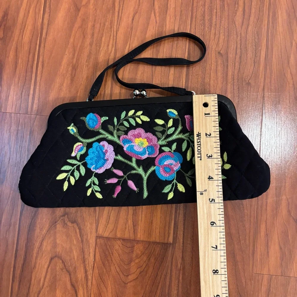 Vera Bradley Veronique Clutch Handbag Black Quilted Microfiber Floral Embroidery